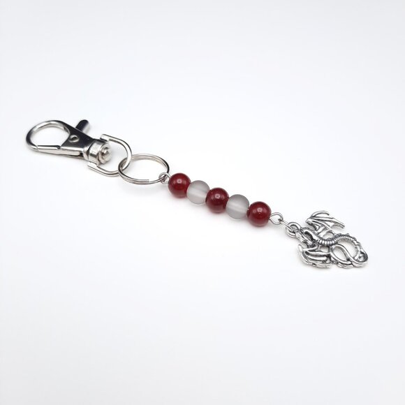 Red & Gray Beaded Silver Dragon Gothic Keychain Handmade Accessory - Picture 3 of 7
